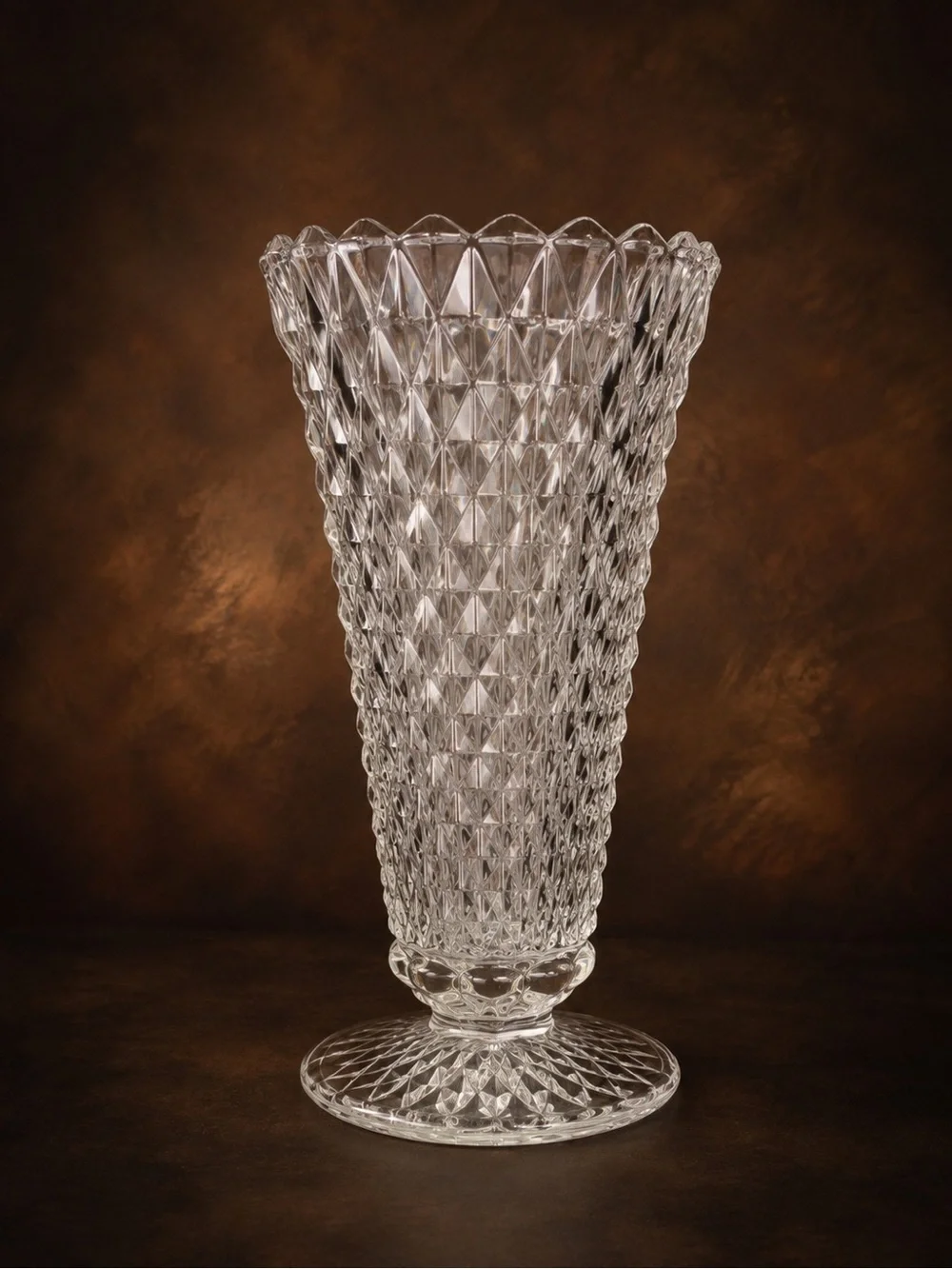 Vintage Indiana Glass Diamond Point Clear Vase - 8”